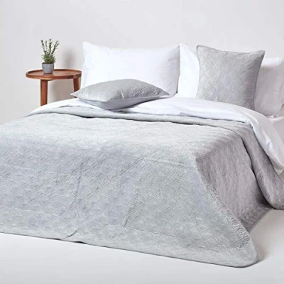 Image of HOMESCAPES Grey Velvet Bedspread Quilted Geometric Throw for Double Bed 200 x cm