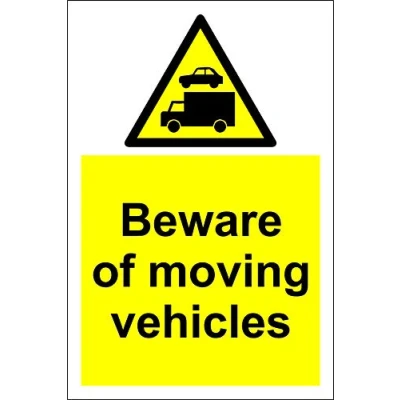 Image of Warning Beware of moving vehicles safety sign 1.2mm rigid plastic 300mm x 200mm