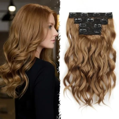 Image of Clip In Hair Extension 14 Inch Wavy Natural Synthetic Extensions (Color: Light Brown mix Blonde)
