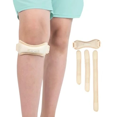 Image of KARM Kids Knee Support Strap Childs Osgood Schlatter Brace for Girls &amp; Boys Junior Teenager Patella Tendon Band Arthritis Pain Conditions Sports (Beige)