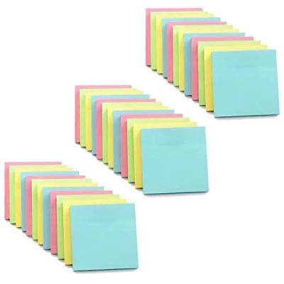 Image of Evergreen Goods 36 Pads Pastel Coloured Sticky Notes for Office Home &amp; School Removable Adhesive Memo Pad in Yellow Pink Blue Green Colors 100 Sheets Per Size 76x76mm (3&quot;x3&quot;)
