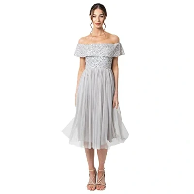 Image of Maya Deluxe Women&#039;s Ladies Bardot Dresses Midi High Empire Waist Sequins Embellished Formal Evening for Wedding Guest Bridesmaid, Soft Grey, 8