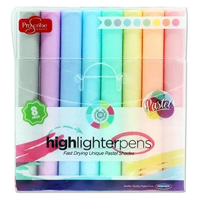 Image of Premier Stationery Pro:Scribe Pastel Highlighter Pens. Assorted Colours. Pack of 8.
