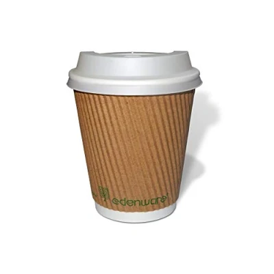 Image of Edenware 50 8oz(227ml) or 12oz(340ml) Kraft Ripple 100% Compostable Paper Coffee Cups with Sip Lids and Free Wooden Biodegradable Stirrers (12oz (340ml) Pack)