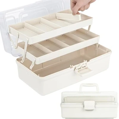 Image of Creahaus 14in 3 Layer Multipurpose Storage Box/Craft Boxes with Compartments/Plastic Tool Box/Medicine Box/Hair Accessories Organiser/Sewing Box 2 Trays (White)