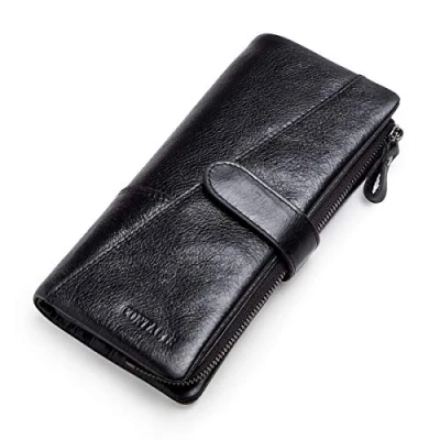 Image of Contacts Real Leather Womens Multifunction Wallet,Travel Secretary Checkbook Phone Long Wallet,Zipper Coin Purse Large Capacity Clutch for Men(Black)
