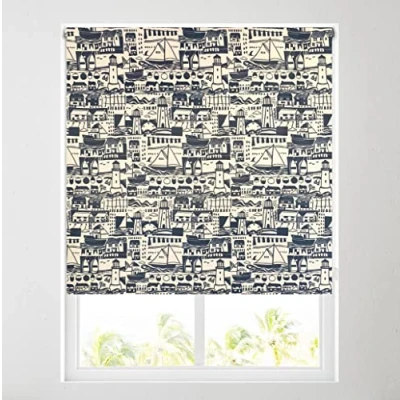 Image of Navy Blue Boats &amp; Lighthouse Daylight Roller Blind Free Cut to Size (3ft (91.5cm))