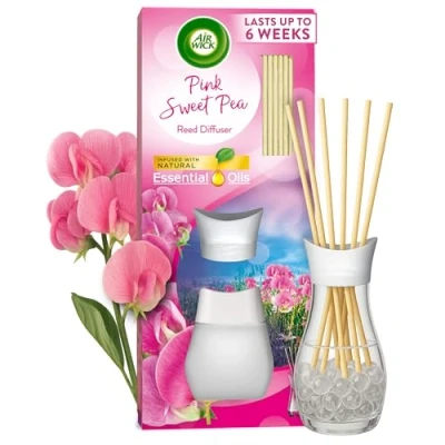Image of Air Wick Pink Sweet Pea Essential Oils Reeds Diffuser 42ml Lasts up to 6 weeks. Freshener