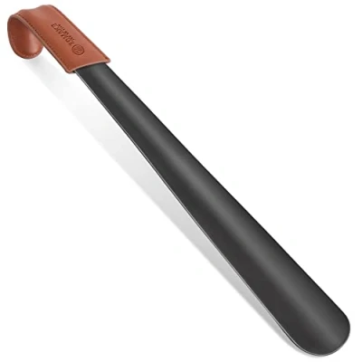 Image of ZOMAKE Metal Shoe Horn 42cm Long Handled Shoehorn,Extra Horns With Leather Handle For Men Women The Elderly (Black PL)