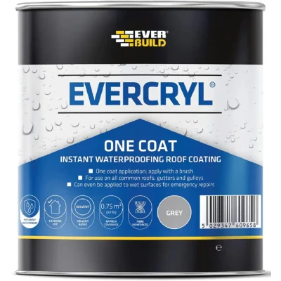 Image of Everbuild Evercryl One Coat Instant Waterproofing Suitable for Roofs, Gutters and Gulleys Grey 2.5kg