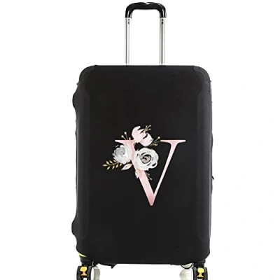 Image of initial letter Printed Design Travel Trolley Case Cover Protector Washable Suitcase Luggage Storage Covers for 18 28 inch (S (18 21 Luggage), Pink Flower V)