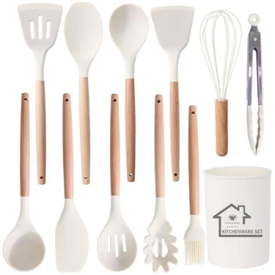 Image of Kitchen Utensils Set, 12Pcs Silicone Cooking Tools Turner Spatula for Nonstick Heat Resistant Cookware, White