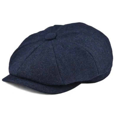 Image of BOTVELA Men&#039;s 8 Panel Wool Blend Newsboy Flat Cap Herringbone Tweed Hat, Navy, 7.875