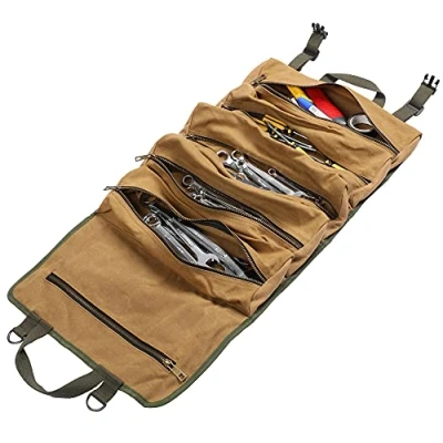Image of Tool Roll Bag, Heavy Duty 16oz Waxed Canvas Roll, Large Wrench with 6 Zippered Pockets Khaki Multifunctional Up Bag 68x35cm