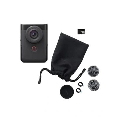 Image of Canon PowerShot V10 Vlogging Starter Kit Pocket Sized 4K UHD Video Camera Bluetooth, Wi Fi 1 Button, Tilt Screen, Stereo Mics w/Wind Filter Built in Multi position Stand, Black