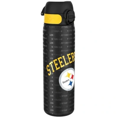 Image of ION8 Steel Water Bottle, 600 ml/20 oz, Leak Proof, Easy to Open, Secure Lock, Dishwasher Safe, Flip Cover, Fits Cup Holders, Carry Handle, Durable, Metal Raised Print, NFL Steelers