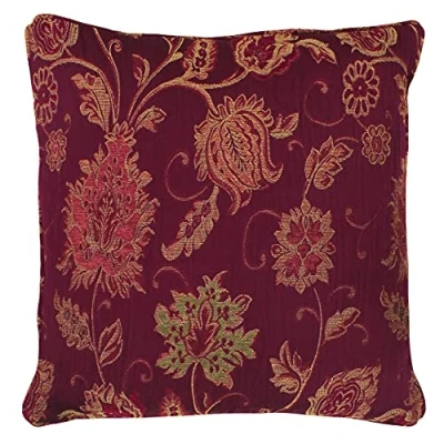 Image of Riva Paoletti Zurich Feather Filled Cushion Red Decorative Floral Jacquard Design Piped Edges Reversible 100 Case (22&quot; x 22&quot; inches) Designed in The UK, Polyester, Burgundy, 55 55cm