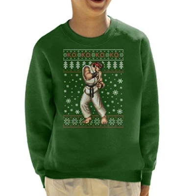 Image of Cloud City 7 Street Fighter Christmas Ryu KO Knit Pattern Kid&#039;s Sweatshirt Bottle Green