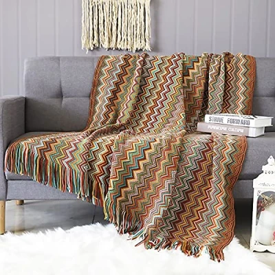 Image of LumiSyne Knitted Throw Blanket Tassels Houndstooth Bohemian Check Soft Cozy Woven Sofa Throws Warm Armchair Cover Decorative For Couch Bed Settee 170x130cm