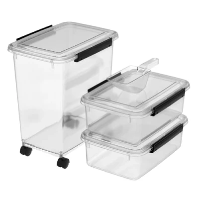 Image of Cetomo Dog Food Storage Container, Airtight Containers with Wheels, Silicone Seal, Snap Locks, Plastic Pet Bin Lid for Dogs, Cat, Pets, Animal, Clear, 10 L/3.5 kg x 2+32 L/12