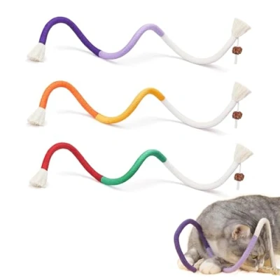 Image of RELONGGI Cat Rope Toys,3 Pcs 70cm Interactive Catnip Toys, Chew with Silvervine Fruit, Cotton Teeth Cleaning, Dental Toys for Cats and Kitten (Purple+Orange+Red)