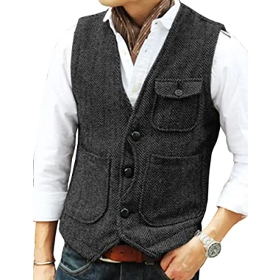 Image of Solovedress Mens Vintage Wool 3 Real Pockets Suit Vest V Neck Tweed Waistcoat for Wedding Groomsmen(Black,XXXL)