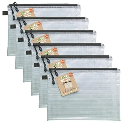 Image of eco A4 95% Recycled Twin Pocket Super Strong Bag, Waterproof Mesh Tuff Reinforced, Black Zip Closure, 2 Pockets (Pack of 6), eco062x6