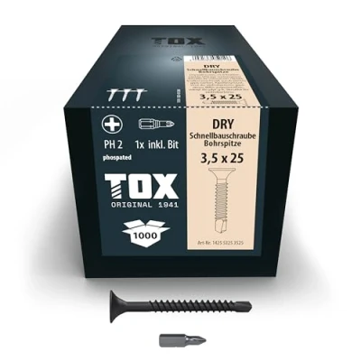 Image of TOX DRY BS Drywall Screws 3.5 x 25 mm with Drill Tip, Magazined for Mounting Magazine Screwdriver, Plasterboard on Metal Substructures, Pack of 1000 in Box, 142553253525