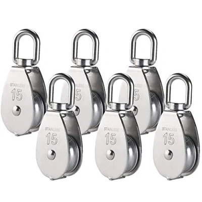 Image of POFET 6Pcs Single Pulley Block, 304 Stainless Steel Roller, M15 Lifting Crane Swivel Hook Bearings, Hanging Wire Towing Wheel Loading 35kg/77lbs