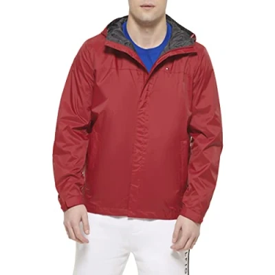 Image of Tommy Hilfiger Men&#039;s Lightweight Breathable Waterproof Hooded Rain Jacket Raincoat, Red, XL
