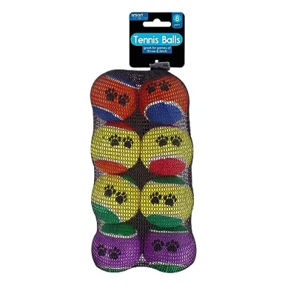 Image of YöL Pack Of 8 Pet Tennis Balls Multicoloured Paw Print, Dog Puppy Fetch Throwing Outdoor Play Training Obedience 6.5cm