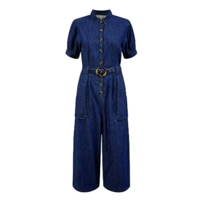 Image of Yumi Womens Blue Cotton Chambray Button Up Jumpsuit Size 14 UK