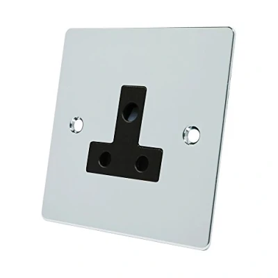 Image of Alliance Electrical FPC5ASOCBL Polished Chrome Flat 5 Amp Black Insert 5A 1 Gang Round Pin Unswitched Plug Socket, 240 V