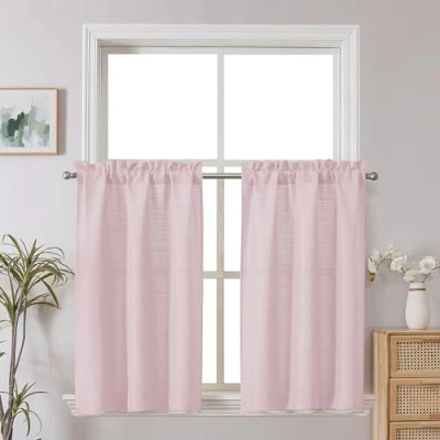 Image of Chyhomenyc Bennet 2 Panels Blush Pink Kitchen Curtains 36 inch Length Tier Curtains, Faux Linen Textured Small Cafe Light Filtering Short Window for Bathroom Basement, 30x36