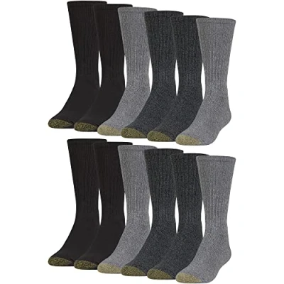 Image of GOLDTOE Men&#039;s Harrington Crew Socks, Multipairs, Charcoal/Light Grey/Black (12 Pairs), Large (Pack of 12)