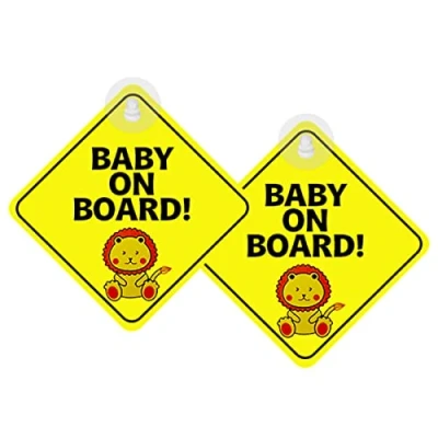 Image of Jagowa 2 Pcs Baby on Board Car Warning Decal Cute Yellow Sticker with Silicone Suction Cup for Sign (Lion)