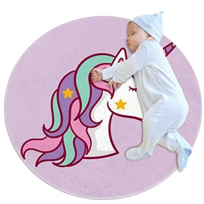Image of Cute Unicorn Round Rugs Rug Home Decoration Area Bedroom/Living Room Carpet Mat Crawling Mats Kids Play Machine Washable