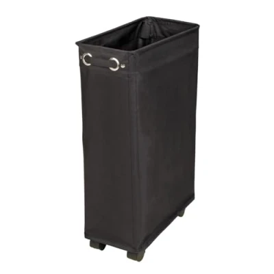 Image of WENKO laundry bin Corno Black, stable slim basket with four smooth running castors &amp; lid, narrow bamboo collector made of 100% polyester, capacity 43 L, (W x H D): 18.5 60 40 cm