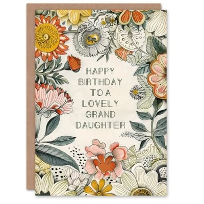 Image of Artery8 Granddaughter Happy Birthday Card Flower Bouquet Peony Daisies Sunflowers Botanical For Her Greeting