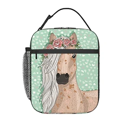 Image of Flower Horse Insulated Lunch Bag Box Tote Cooler Reusable Pail Outdoors Meal For Women Men