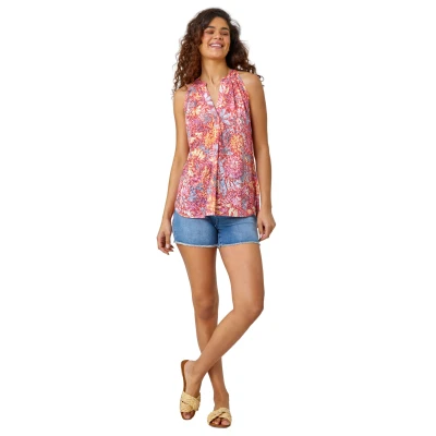 Image of Roman Originals Pintuck Sleeveless Shirt for Women UK Ladies Summer Top Smart Blouse Stretchy Jersey T Casual Spring Holiday Party Beach Vacation Everyday Notch Neck Red Multi Size 12