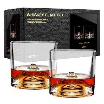 Image of LIITON Mount Fuji Japanese Whiskey Glasses Set of 2, Freezable Old Fashioned Glass Chills Cocktails, Bourbon, Scotch with 1lb Frozen Crystal, Gifts for Men on Fathers Day, Christmas, Birthday