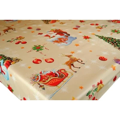 Image of Christmas Santa Sleigh on Natural PVC Vinyl Oilcloth Tablecloth 200cm x 140cm