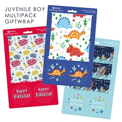 Image of Abacus Wrapping Paper Variety Pack 2x Dinosaur Roar, Fintastic Birthday &amp; Monsters 6 Recyclable Folded Sheets and Tags