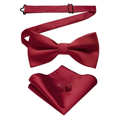 Image of JEMYGINS Burgundy Bow Tie Wedding Silk Bowtie and Pocket Square Hankerchief with Cufflinks Sets for Men(4)