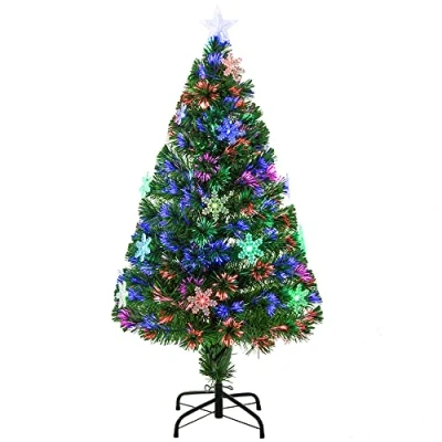 Image of HOMCOM 4FT Green Fibre Optic Artificial Christmas Tree Xmas Colourful LED Scattered with Snowflakes Ornaments Fireproofing