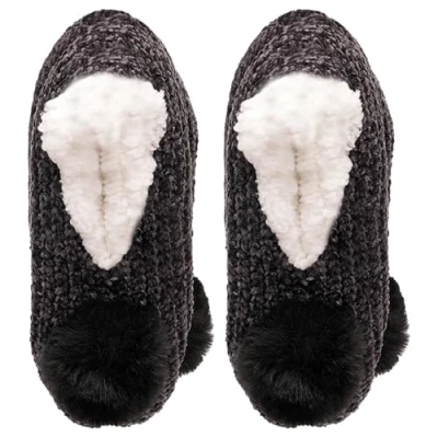 Image of A2Z Ladies Socks Knitted Chenille Slipper Sherpa Lining Pom LS1132 Charcol S/M