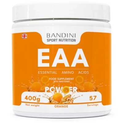 Image of Bandini® EAA Essential Amino Acids 400 g Powder 9 Fermented EAAs + BCAAs 211 &amp; Vitamin B6 Muscle Growth Recovery Intra Pre Post Workout Vegan, Orange Flavour
