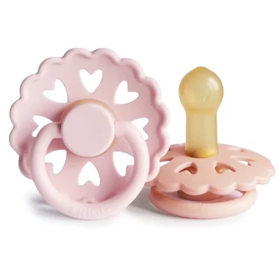 Image of FRIGG Fairytale Latex Pacifier Pack of 2 Natural Rubber Soother Dummy BPA Free Made in Denmark Symmetrical Cherry Shaped Nipple (White Lilac/Pretty Peach), Size (6 18 Months)