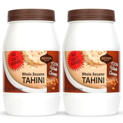 Image of Achva Whole Sesame Tahini Paste Unhulled Rich Creamy Taste for Hummus, Sauce &amp; Dressing Kosher, Vegan Gluten Free, Peanut Free Non GMO (2 Jars of 500g)